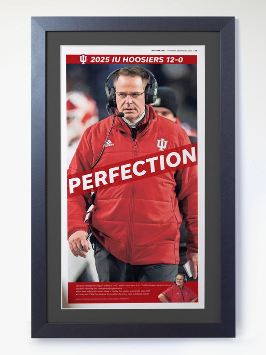 2025 Indiana Hoosiers “PERFECTION” – Curt Cignetti 13–0 Big Ten Champions Framed Newspaper
